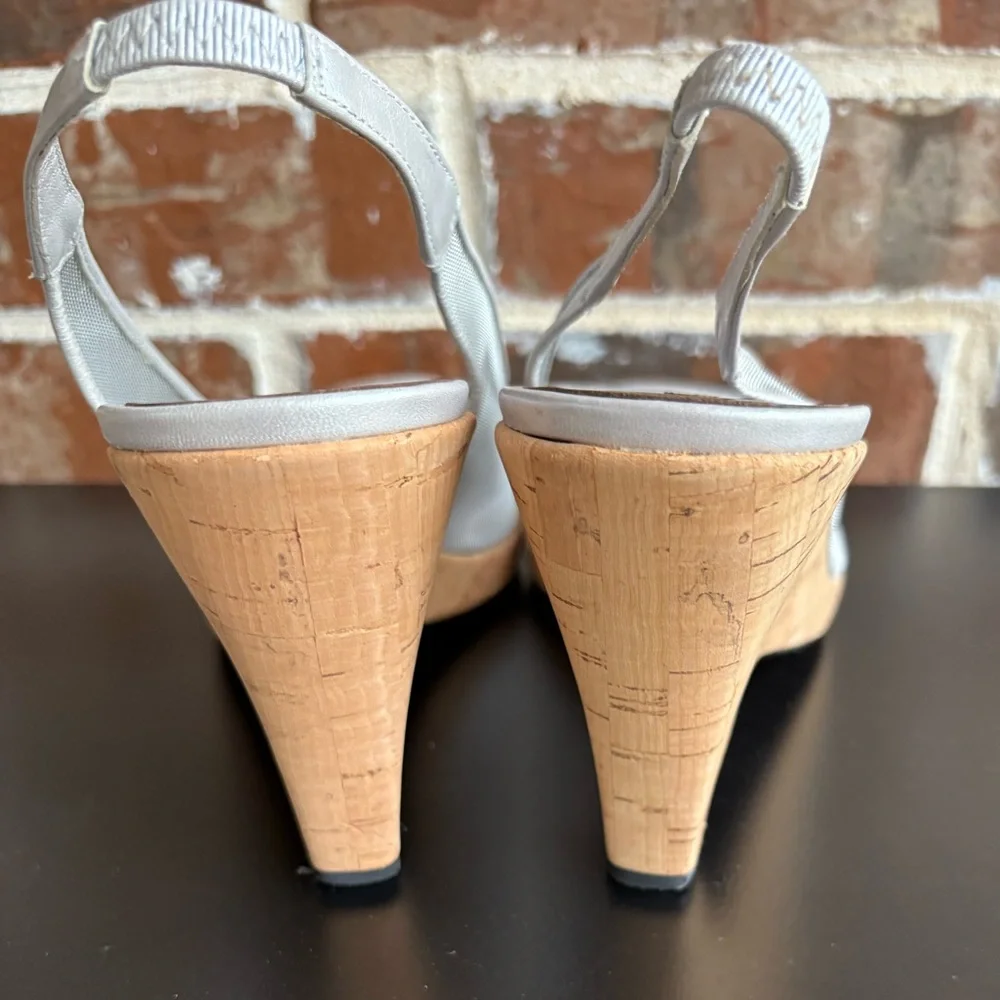 Donald J. Pliner Silver Metal Mesh Natural Cork Slingback Sandals Size 10